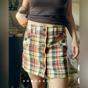 Vtg J.CREW Madras Plaid Mini Skirt Cotton Button Front Vintage y2K red ivory